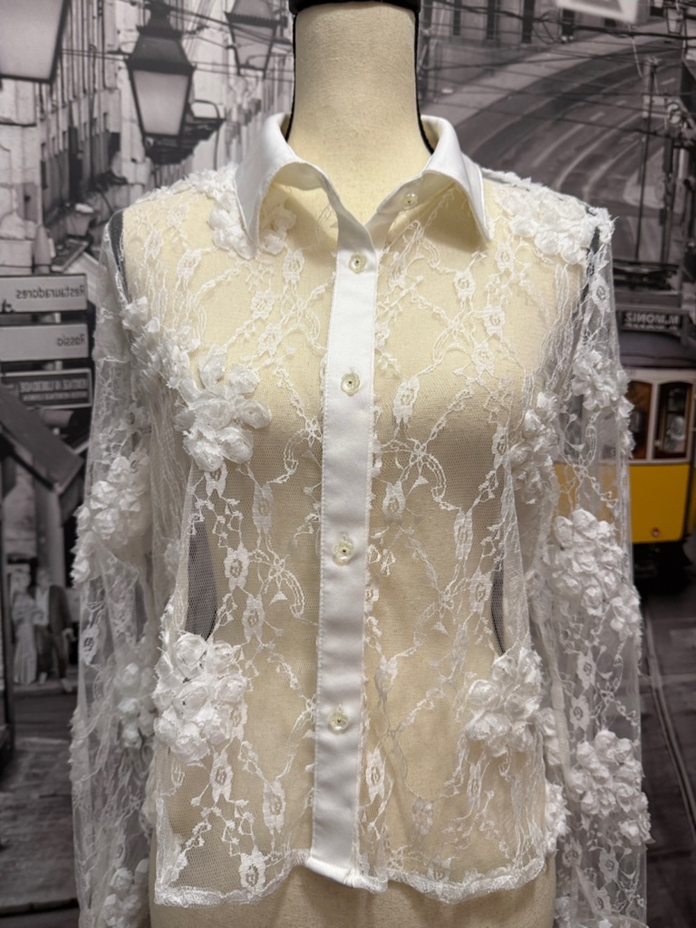 Sheer White Floral Lace Button-Up Blouse